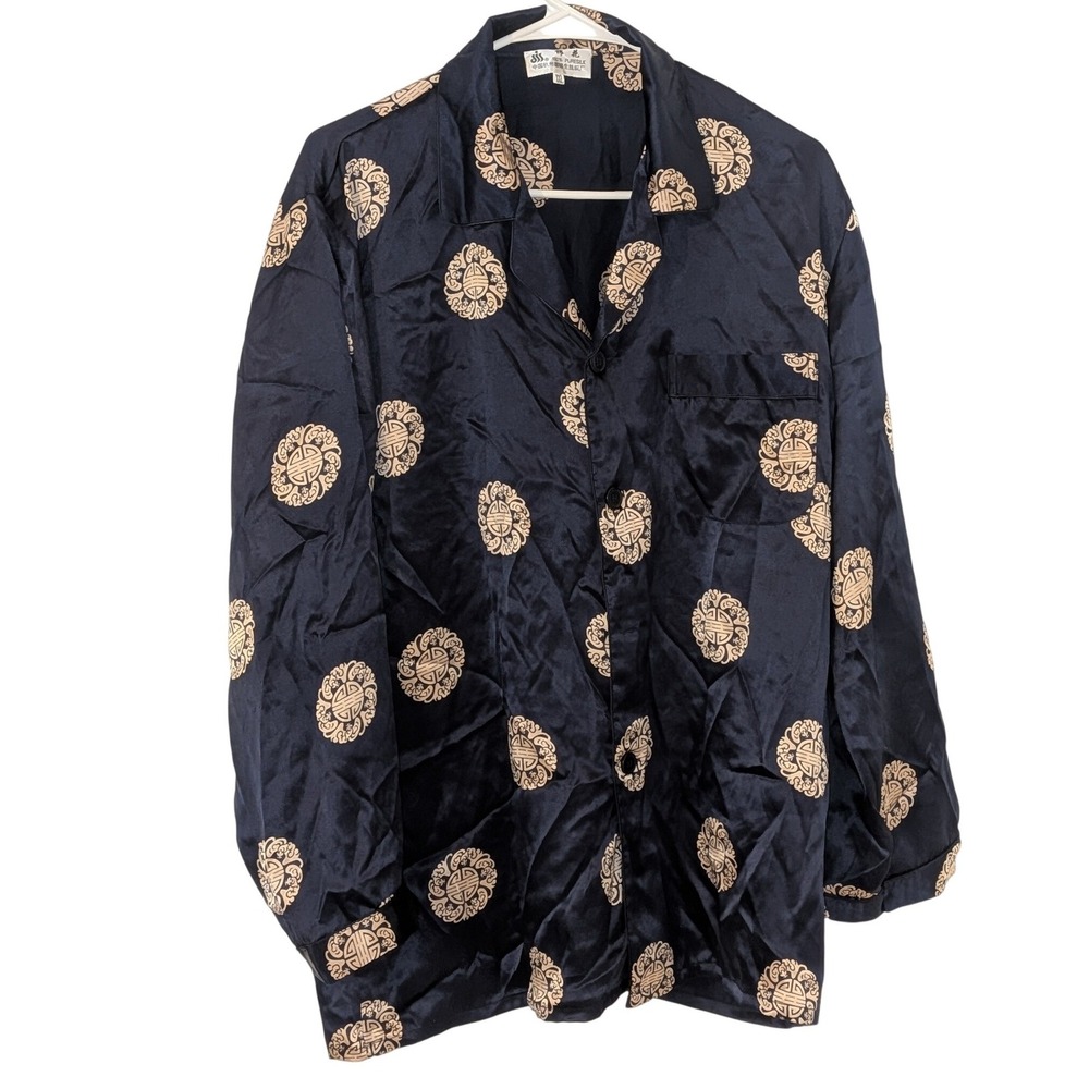 Dujinsheng Hangzhou 100% Silk Pajama Top XXL Navy‎ Gold Medallion Lounge Shirt